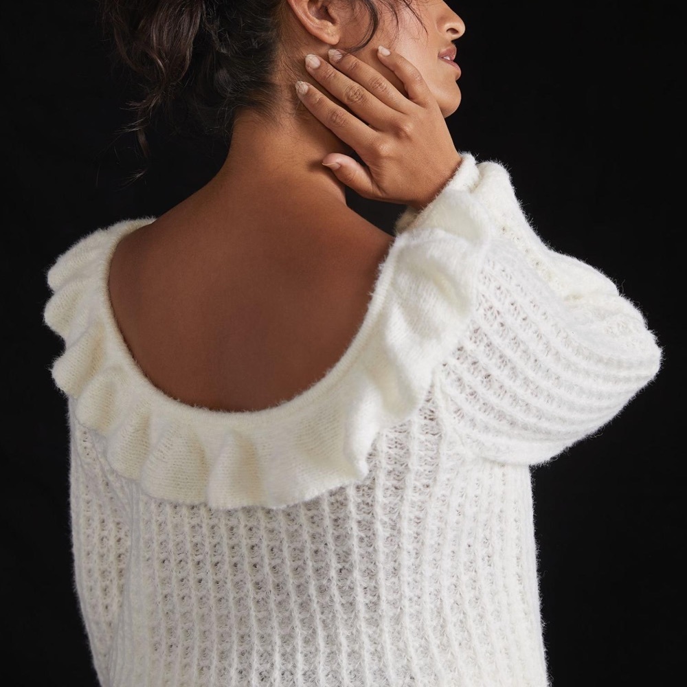 Anthropologie Ruffled Boat Neck Knit Sweater - Picture 2 of 15